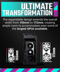 NCORE 100 MAX Mini ITX PC Case with 120mm AIO and V850W SFX Gold PSU showing expandable width from 155mm to 172mm.