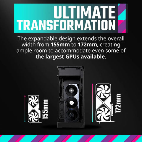NCORE 100 MAX Mini ITX PC Case with 120mm AIO and V850W SFX Gold PSU showing expandable width from 155mm to 172mm.