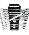 14 Piece Ratchet Spanner Set With Multitool Wrenches in holder, metric size visible, easy grip hand tools for tight spaces