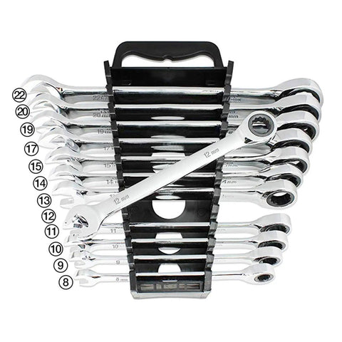 14 Piece Ratchet Spanner Set With Multitool Wrenches in holder, metric size visible, easy grip hand tools for tight spaces