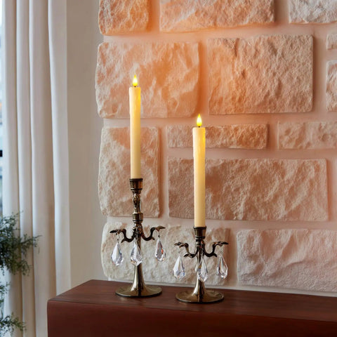 2 Pack Flameless Taper Candles With Remote And Timer, 9.6 Inch Ivory LED Battery Operated Wax Style Candles on candelabras