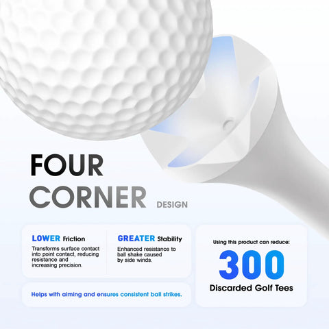 Close-up of golf ball on Pro Grade Plastic Golf Tees 152 Pack Set With 120 Tees At 3.25 Inches And 32 Tees At 1.5 Inches Ultra Durable Reinforced Design.