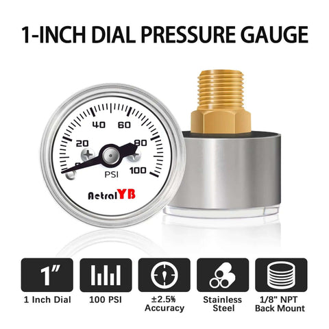 Compact One Inch Pressure Gauge Zero To One Hundred Psi For Coffee Machines Water Pumps And Air Compressors Stainless Steel Case One Eighth NPT Back Mount Handy Mini Gauge For Tight Spaces And Precise Readings