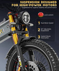 Detailed view of the suspension and front wheel of Badass 6000W Dual Motor Fat Tire Electric Bike For Adults Packed With An 80Ah Battery.