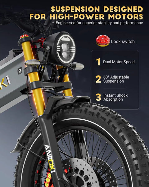 Detailed view of the suspension and front wheel of Badass 6000W Dual Motor Fat Tire Electric Bike For Adults Packed With An 80Ah Battery.