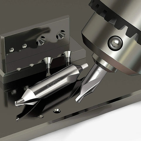 Front view of seven-piece center drill bits set, M2 high-speed steel; two visible bits 3.0 and 4.0 in a metal chuck.
