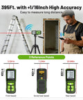 Top Shelf 395 Ft Laser Distance Meter With Plug And Play App Linkage And Dead On Tilt Sensor Rechargeable Measuring Tool Ships Fast With A Solid Sixty Inch Tripod Included, showing usage with a smartphone and tripod.