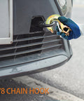 Worker attaching Six Pack Three Eighth Inch Clevis Slip Hooks With Safety Latch to a truck, yellow zinc-coated, G70 forged steel.