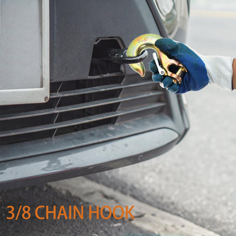 Worker attaching Six Pack Three Eighth Inch Clevis Slip Hooks With Safety Latch to a truck, yellow zinc-coated, G70 forged steel.