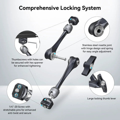 Rosette 11 Inch Magic Arm With Ball Head And Anti Twist Pins for cameras showcases locking system details with thumbscrews and joint.