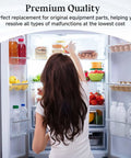 Woman reaching inside a stocked refrigerator illustrating use of Evaporator Fan Motor Replacement For Frigidaire And Kenmore Refrigerators
