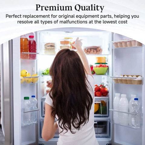 Woman reaching inside a stocked refrigerator illustrating use of Evaporator Fan Motor Replacement For Frigidaire And Kenmore Refrigerators