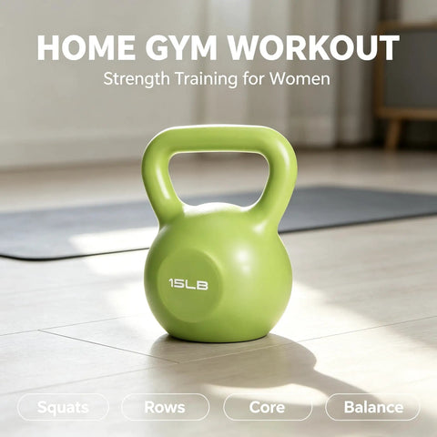 15 Pound Kettlebell For Strength Training And Full Body Toning, Vinyl Coated Iron Sand Fill Kettlebell on a gym floor