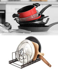Image showing a Sturdy Pot Lid Storage Rack With Seven Adjustable Compartments For Countertops And Cabinets Keeping Bakeware Pan Covers And Plates Super Secure Zero Hassle Kitchen Game Changer Slick Design Brown.