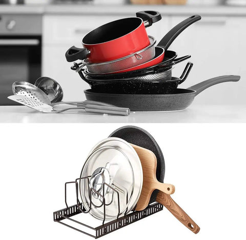 Image showing a Sturdy Pot Lid Storage Rack With Seven Adjustable Compartments For Countertops And Cabinets Keeping Bakeware Pan Covers And Plates Super Secure Zero Hassle Kitchen Game Changer Slick Design Brown.