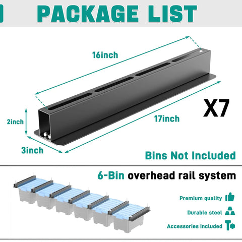 Package list showing 7 adjustable rails, part of Heavy Duty Ceiling Storage Rack For Garage, Adjustable Overhead Bin System.