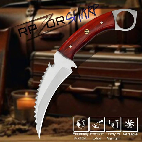 Handmade Fixed Blade Hunting Knife With Red Wood Handle For Outdoor Camping And Survival Stainless Steel Full Tang With Grippy Finger Ring