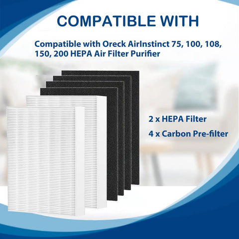 HEPA Replacement Filter Pack For Air Instinct And Oreck Purifiers Includes Two True HEPA Filters And Four Carbon Pre Filters For Models 75 100 108 150 And 200 Keeps Your Home Air Fresh And Clean, showing 2 HEPA and 4 carbon filters