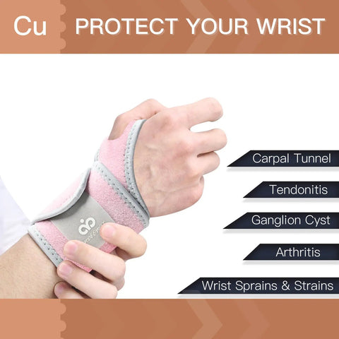 Two Pack Copper Wrist Braces For Carpal Tunnel Pain Relief Arthritis And Tendonitis in pink on hand