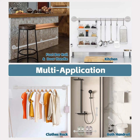 Wall Mounted Wrought Iron Stair Railing System With Adjustable White Galvanized Tube And Heavy Duty Wall Brackets For Indoor Outdoor Step Support With No Sweat Quick Install, shown in multi-application.