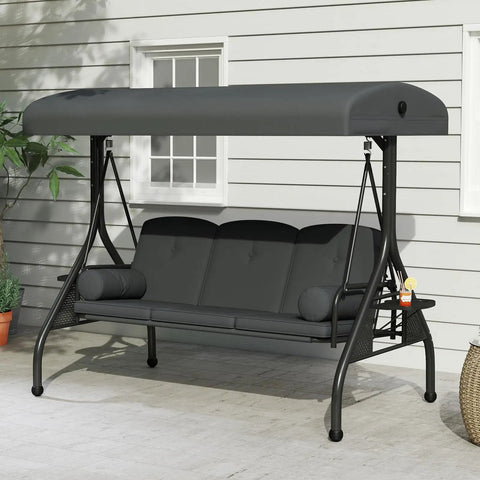 Three Seat Patio Swing With Canopy And Cup Holders, Heavy Duty Steel Frame, Weather Resistant Outdoor Swing Bench for Yard