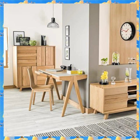 Modern office space with wooden desk and cabinets, ideal for Adjustable Furniture Feet Set 24 Piece Leveling Feet support.