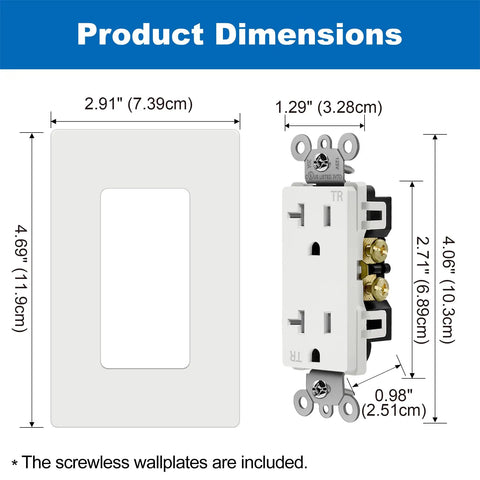 10 Pack 20 Amp Receptacle Outlet With Tamper Resistant Design And Screwless Wall Plate Included UL Listed 125V 2500W White dimensions