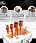 BGTEC dry diamond drill bit set with orange hole-saw bits (6-35 mm) and 2-inch diamond chamfer bit in a metal case