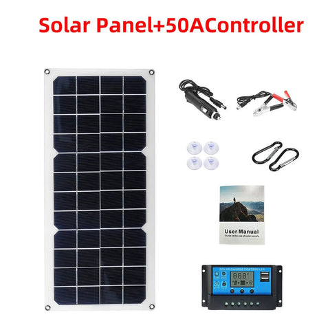 100W Semi Flexible Monocrystalline Solar Panel USB Output for Off-Grid Power with accessories including a 50A controller.