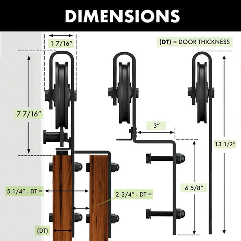 Dimensions of Black Rustic One Track Bypass Sliding Barn Door Hardware Kit For Double Doors With 8 Foot Flat Track
