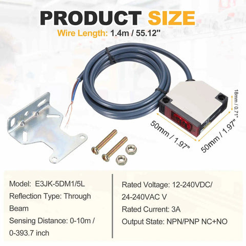 Through Beam Photoelectric Sensor Set 2 Pack 0 to 10 Meters Detection Range 12 to 240V DC and 24 to 240V AC NPN PNP NC NO Outputs