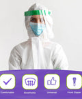 Person wearing White Hooded Coveralls With Boots Pack Of 5 60 GSM SMS Lightweight All In One Full Body Jumpsuit With Elastic Wrists