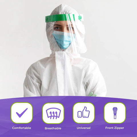Person wearing White Hooded Coveralls With Boots Pack Of 5 60 GSM SMS Lightweight All In One Full Body Jumpsuit With Elastic Wrists