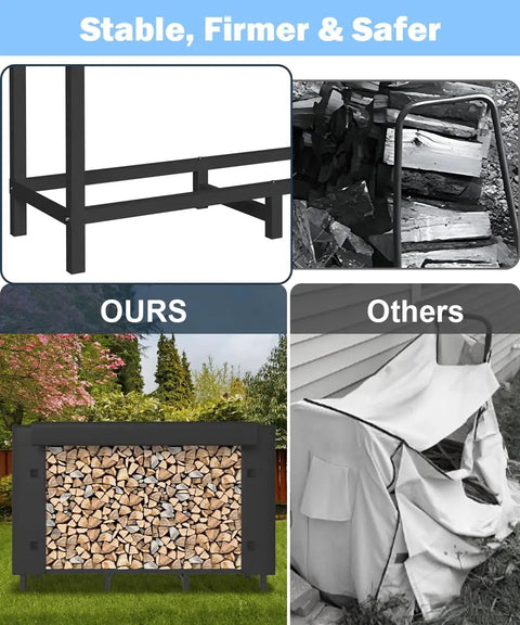 Comparison showing 4 Foot Firewood Rack Holder With Cover beside an unstable wood stack, highlighting sturdy frame.