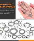 400 Piece 6 Size 304 Stainless Steel SAE External And Internal Star Washers, Split Lock Washers, Flat Washers, And Spring Lock Washers Assortment Kit For Home, Industry, And Construction, assorted washers in hand
