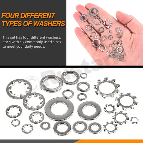 400 Piece 6 Size 304 Stainless Steel SAE External And Internal Star Washers, Split Lock Washers, Flat Washers, And Spring Lock Washers Assortment Kit For Home, Industry, And Construction, assorted washers in hand