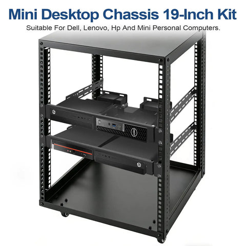 Heavy Duty Dual Mini PC Rack Mount With Hinged Steel Shelf And Hand Twist Screws saves prime rack space fits standard 19 inch.