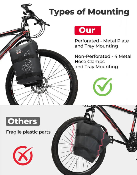 Comparison of mounting methods for 10L Fully Waterproof Front Fork Pannier Bag For Mountain Biking And EBikes Roll Top Front Rack Storage