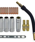 Premium 18-Piece Welding Kit Featuring .035 In Contact Tips And Gas Nozzles For Mig Mag Guns With Diffusers Neck Plates M6 Threads Ready To Rock includes nozzles and brass tips.
