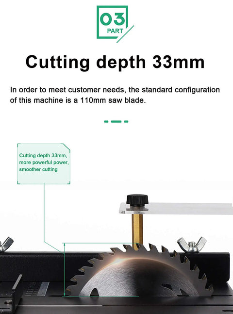 Compact Mini Sliding Table Saw Bad Boy Electric Bench Saw designed for quick metal splits, showing adjustable 110mm saw blade.