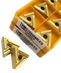 Premium 10 Pack Indexable Carbide Turning Inserts TNMG160404R And 08R for external lathe, featuring yellow storage case with inserts.