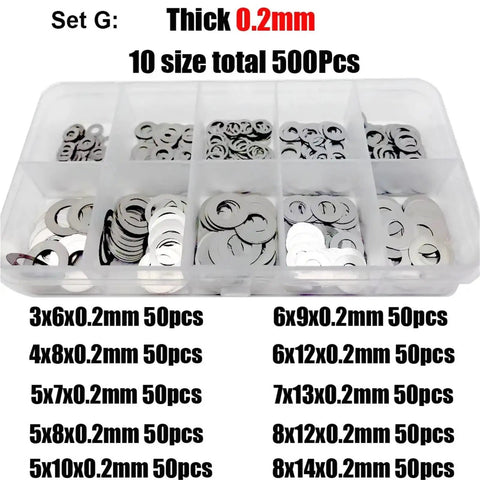 Ultra Thin Stainless Steel Flat Washer And Shim Set M2 Through M8 Gasket Assortment Kit 500 750 1200 Pcs 304 316 Stainless With Smooth Edges For Tight Fit And Compact Assemblies Pro Grade Space Saving. 0.2mm set G box with assorted sizes