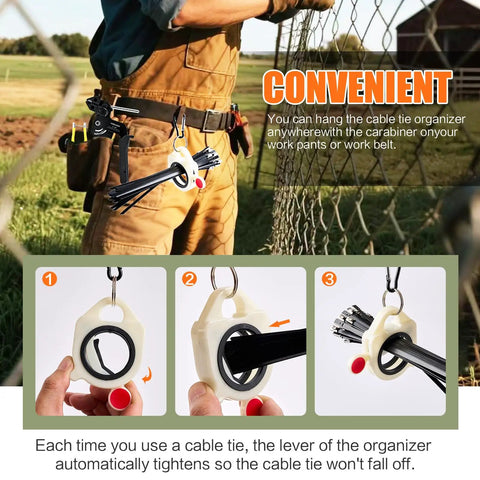 Person using Beefed Up Heavy Duty Stainless Steel Cable Tie Gun Kit With 300 UV Resistant Black Zip Ties on chain link fence