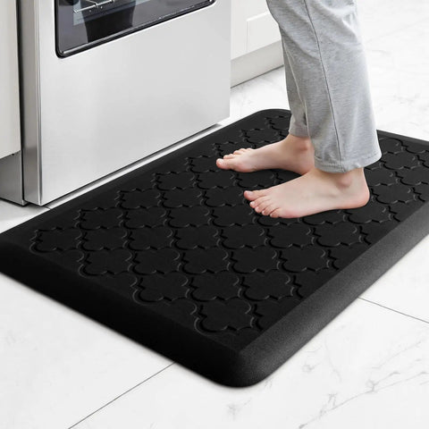 Person standing on Ultra Thick Anti Fatigue Kitchen Mat 0.8 Inch Memory Foam Cushion Non Slip Water Resistant Floor Mat in black, 17.3x24 size.
