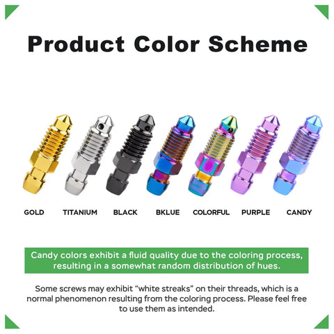 Product Color Scheme featuring Tough As Nails Rust Free Titanium Brake Bleeder Bolts for Motorcycle Calipers in various colors.