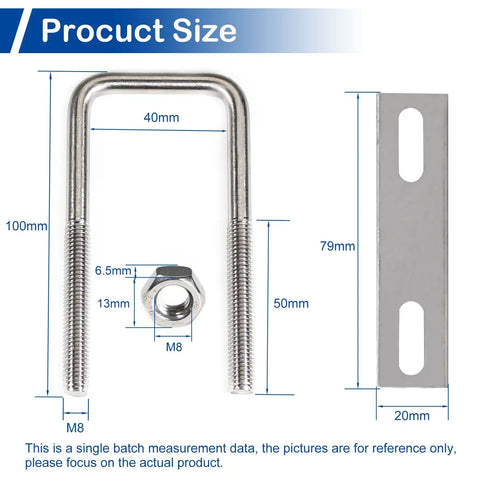 Diagram showing Beefy Four Pack Square U Bolts With Frame Plates And Nuts Inner Width 40mm M8 Thread 100mm Length 304 Stainless Steel U Bolts.