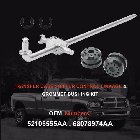Transfer Case Shifter Control Lever Kit With 2 Clip And Shift Linkage Bushings For Ram 1500 2500 3500 2002 2003 2004 2005 4X4 Models, OE Quality Replacement, Easy Install, Rugged Drop In Shifting, Includes 52105555AA And 68078974AA. metal linkage rod, clips, bushings