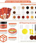 Easy Peasy Wood Furniture Repair Kit With 18 Solid Touch Up Colors Includes Heavy Duty Wood Filler Putty And Wax For Laminate Floors showcasing 18 color options and repair accessories.
