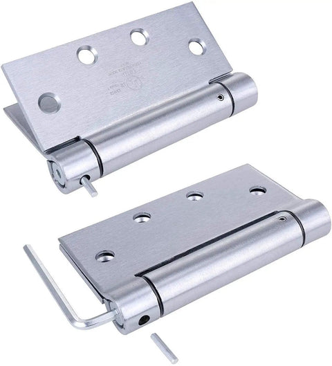 2 Pack 4.5x4 Inch Brushed Satin Chrome Self Closing Reversible Door Hinge with installation hardware shown