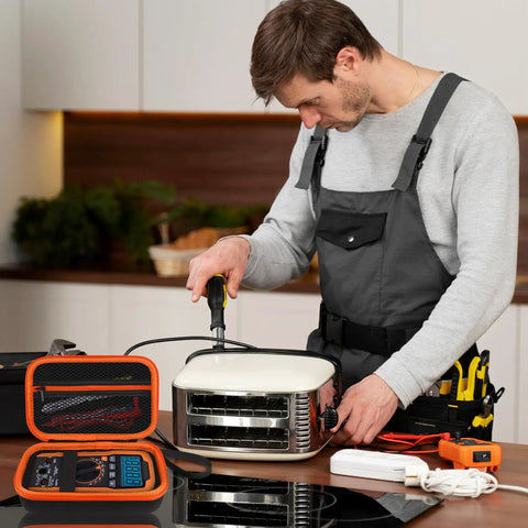 Technician using toaster with Hard Shell Multimeter Case For Klein Tools MM400 MM325 MM300 Digital Multimeter nearby